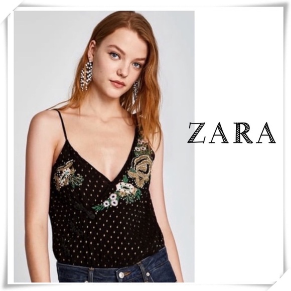 Zara Floral Beaded Embroidered Camisole Bodysuit in Black - Picture 1 of 8